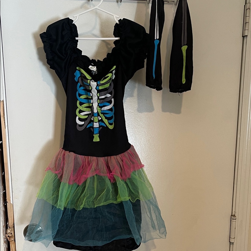 Kids Rainbow Skeleton Costume with Tutu and gloves